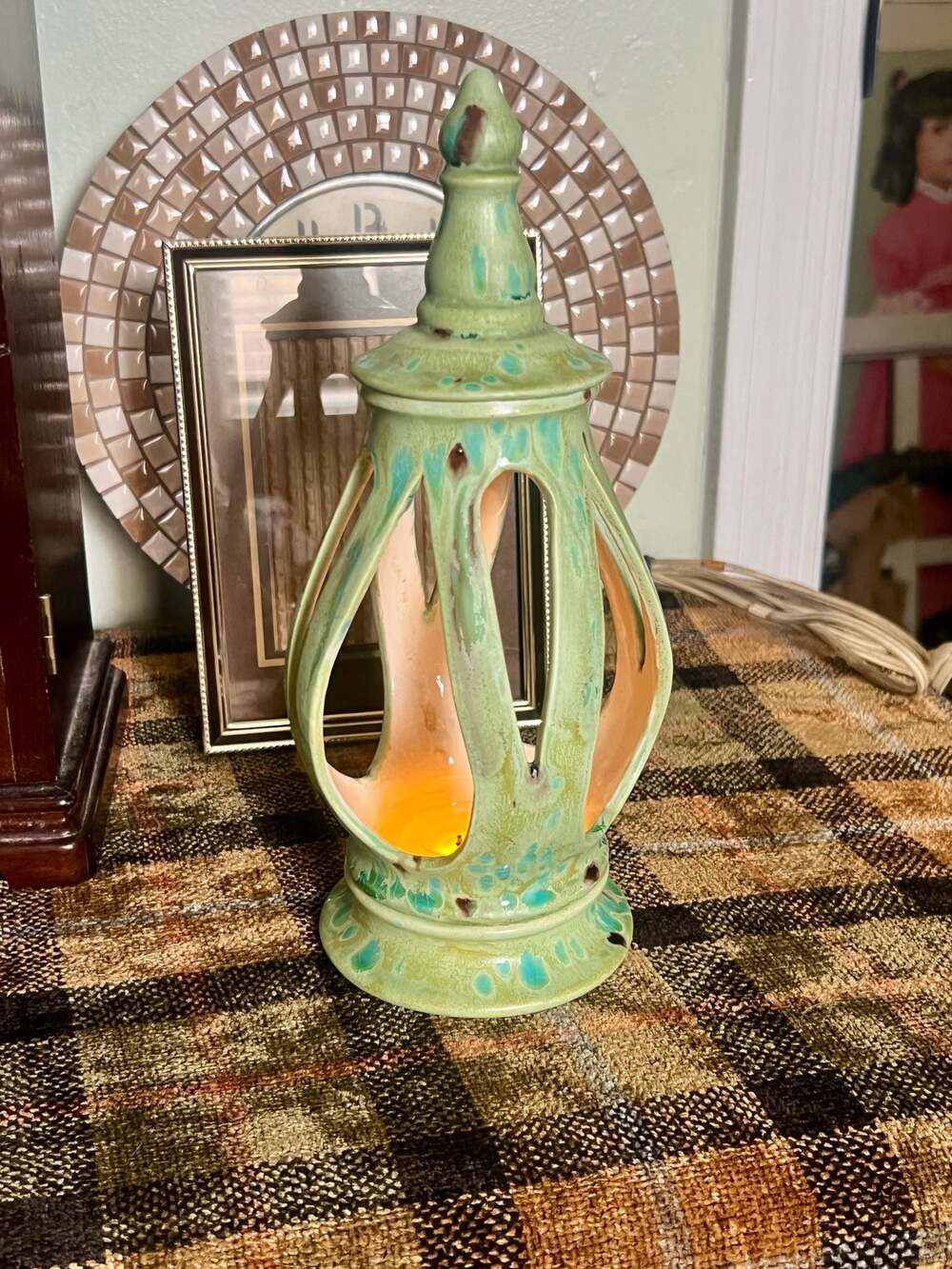 Vintage Mid-Century Modern Green Drip Glaze Ceramic Candle Lantern